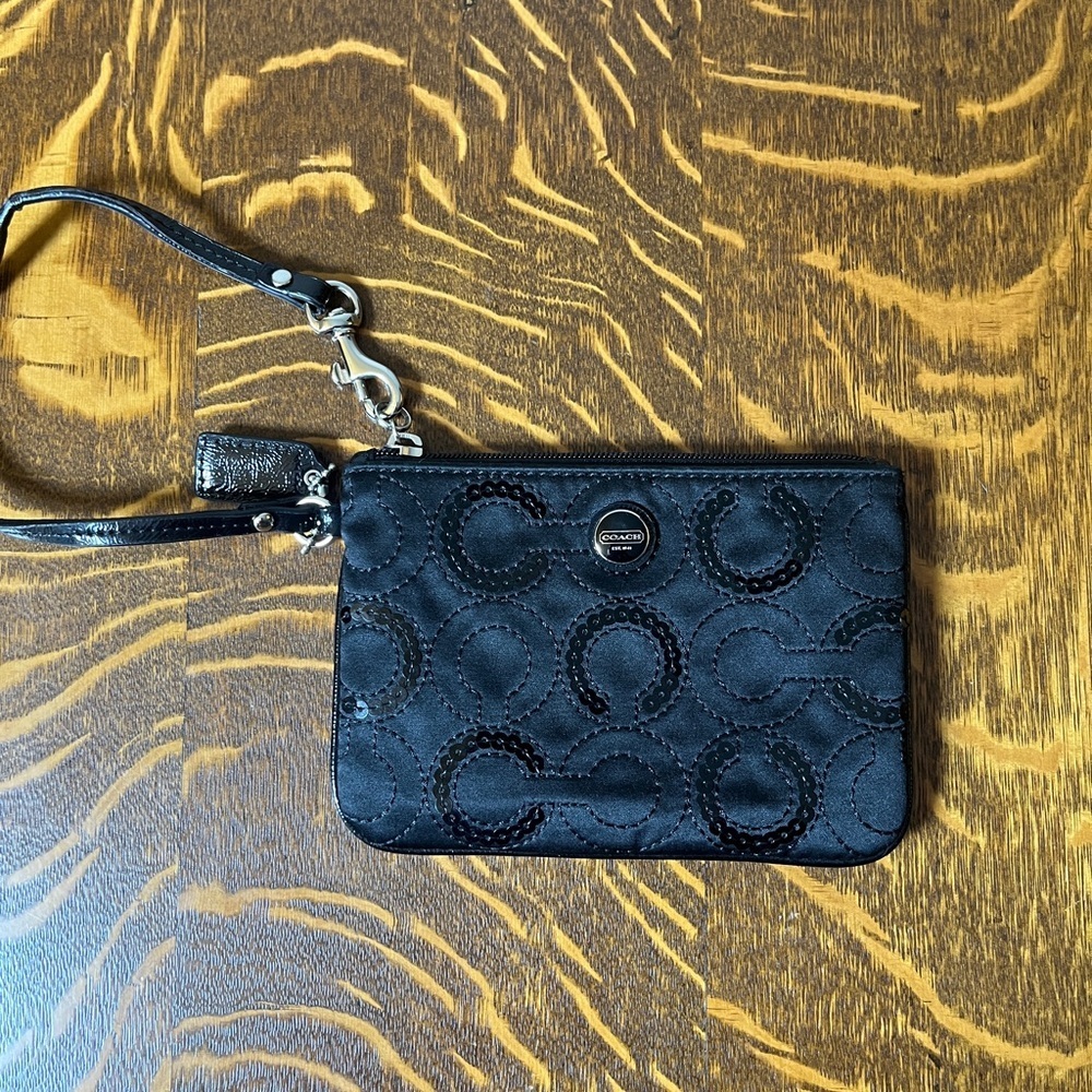 Coach Black Small Signature C Satin with Sequins Wristlet